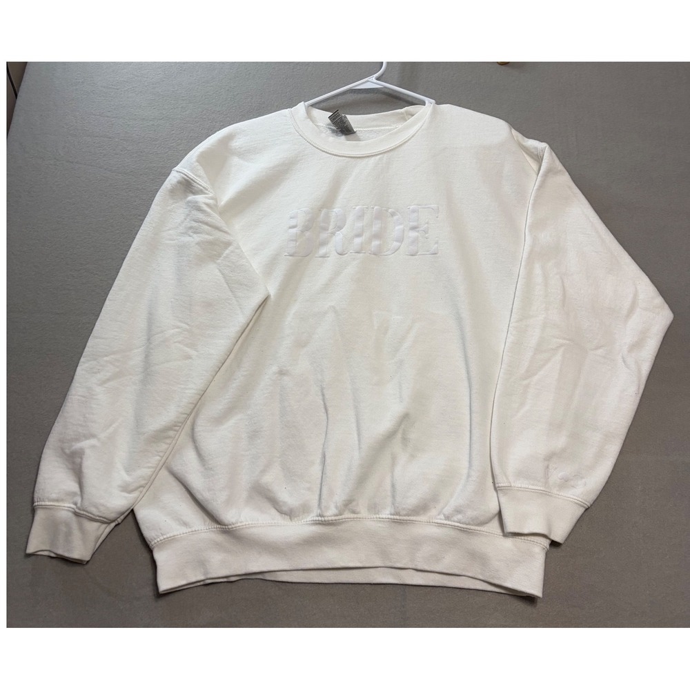 Gildan Heavy Blend Bride Puff Print Sweatshirt White Custom Sleeve Initials L